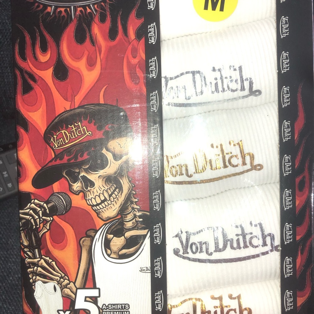 🖤 Von Dutch White Crew Socks with Gold & Silver Logos (5-Pack).  Size M